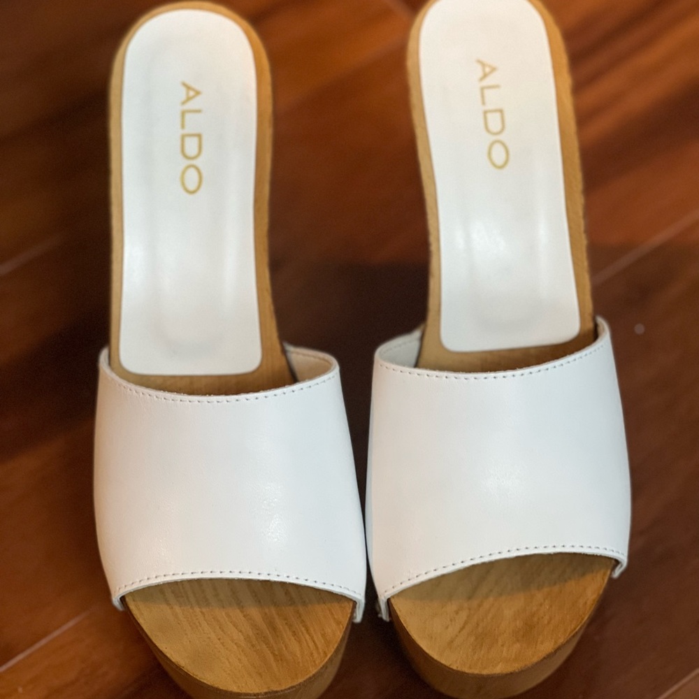 White leather studded wedge sandals